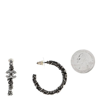 Chanel Crystal Camellia CC Hoop Earrings Ruthenium 2 of 5