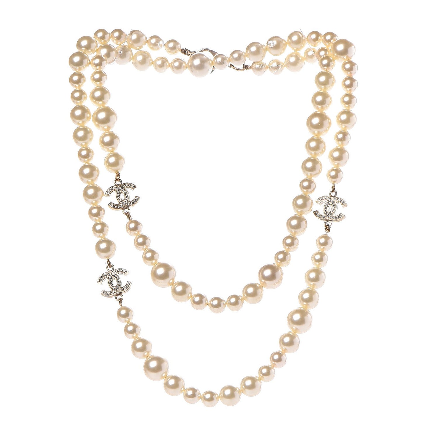 Graduated Pearl Crystal CC Long Necklace Light Gold