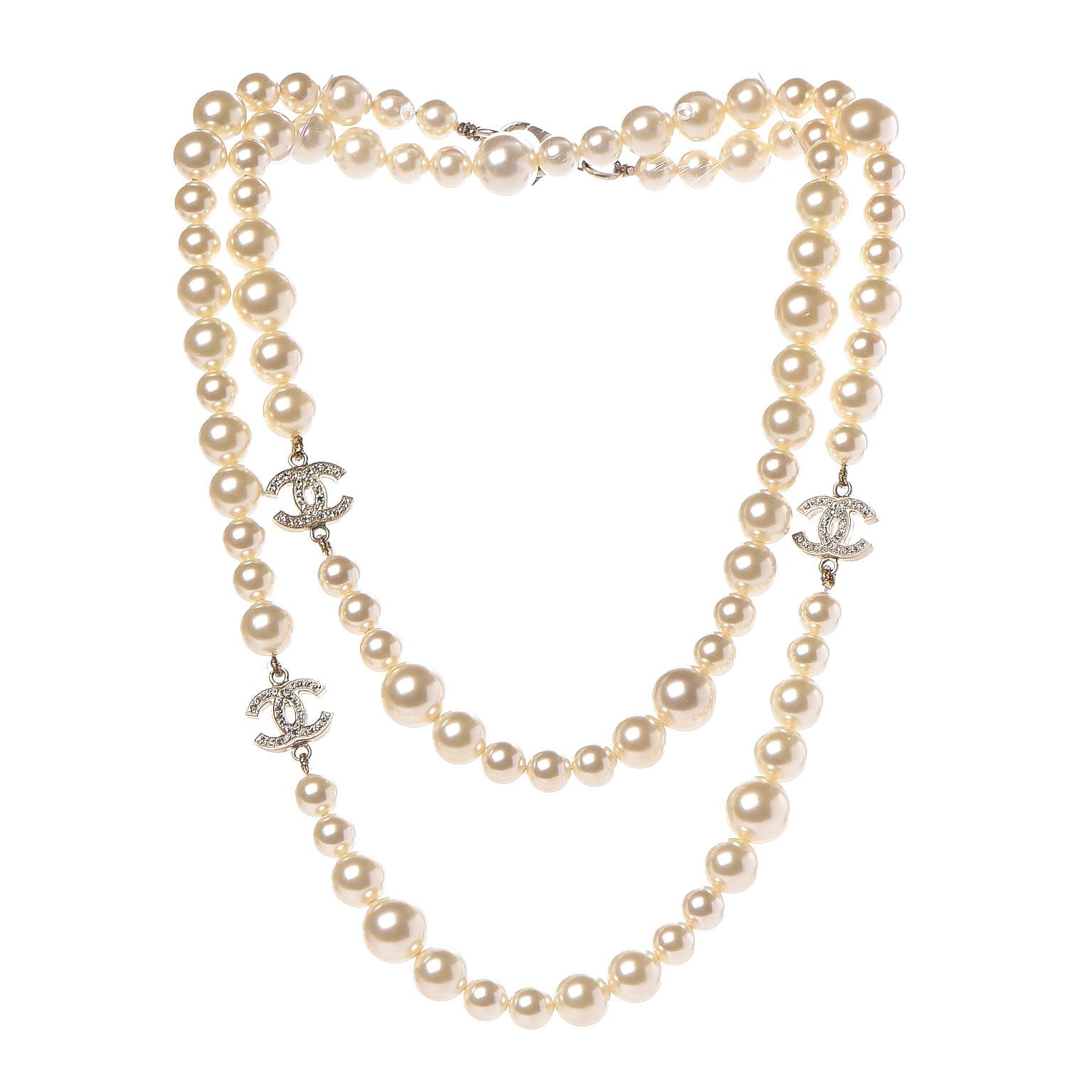 Chanel Graduated Pearl Crystal CC Long Necklace Light Gold 3 of 5