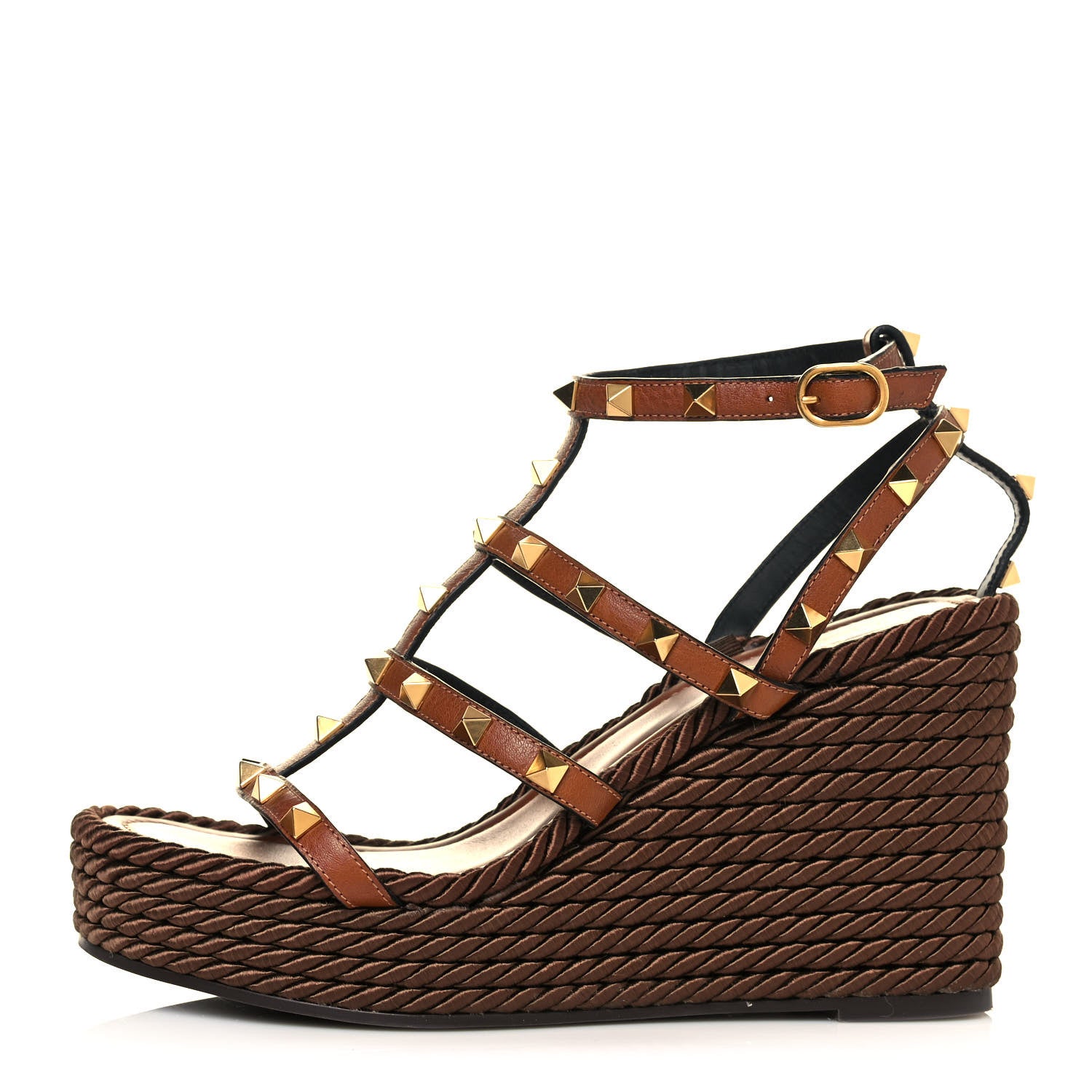 Valentino Garavani Calfskin Rockstud Ankle Strap Torchon Espadrille Caged 25/95mm Wedge Sandals 37 Cuoio 1 of 7