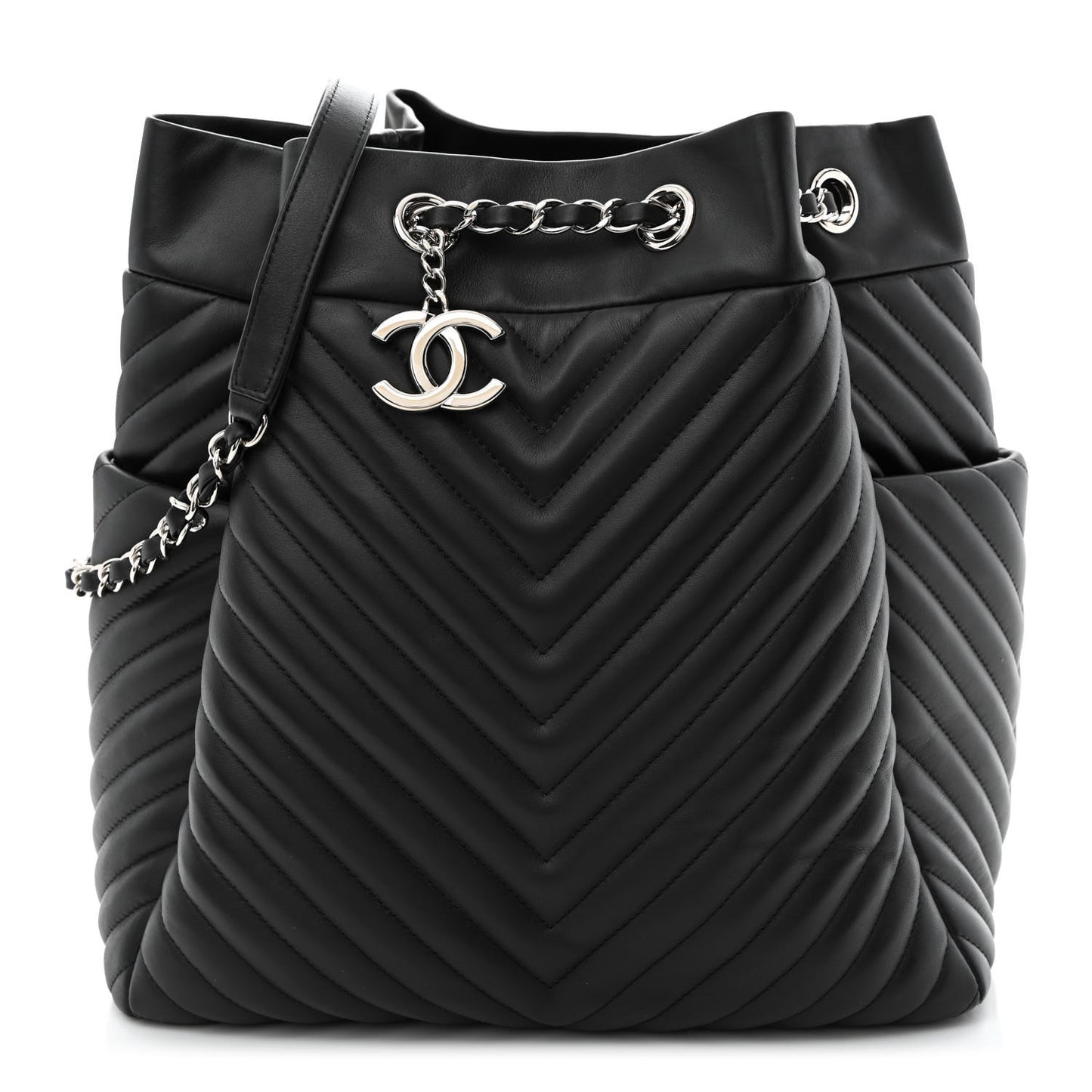 Lambskin Chevron Quilted Large Urban Spirit Drawstring Bag Black