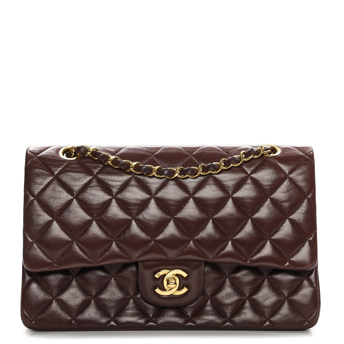 Lambskin Quilted Medium Double Flap Brown