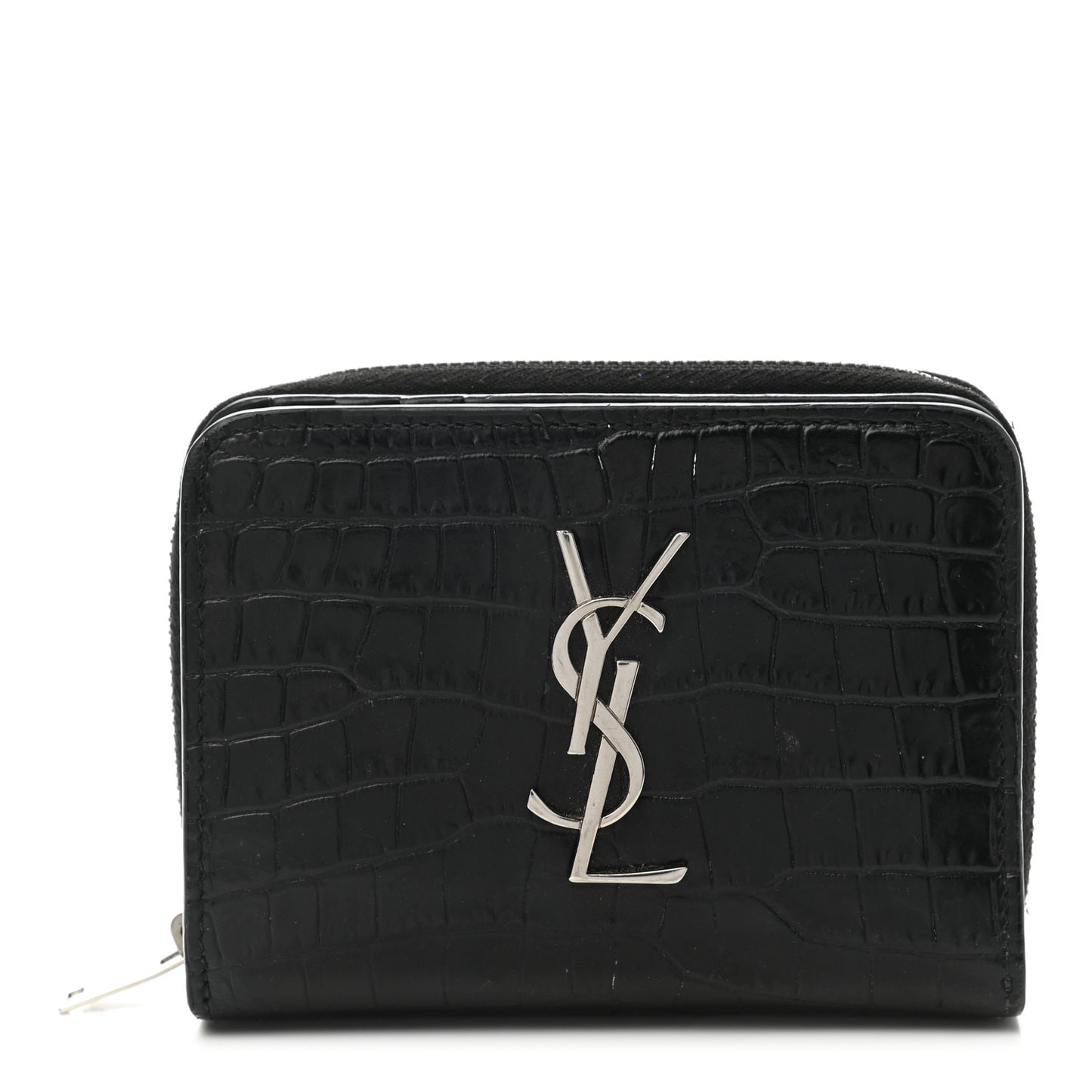 Calfskin Crocodile Embossed Monogram Compact Wallet Black