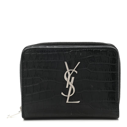 Saint Laurent Calfskin Crocodile Embossed Monogram Compact Wallet Black 1 of 6