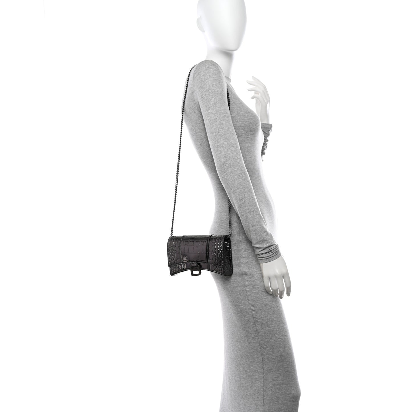 Shiny Metallic Calfskin Crocodile Embossed Hourglass Chain Bag Gunmetal