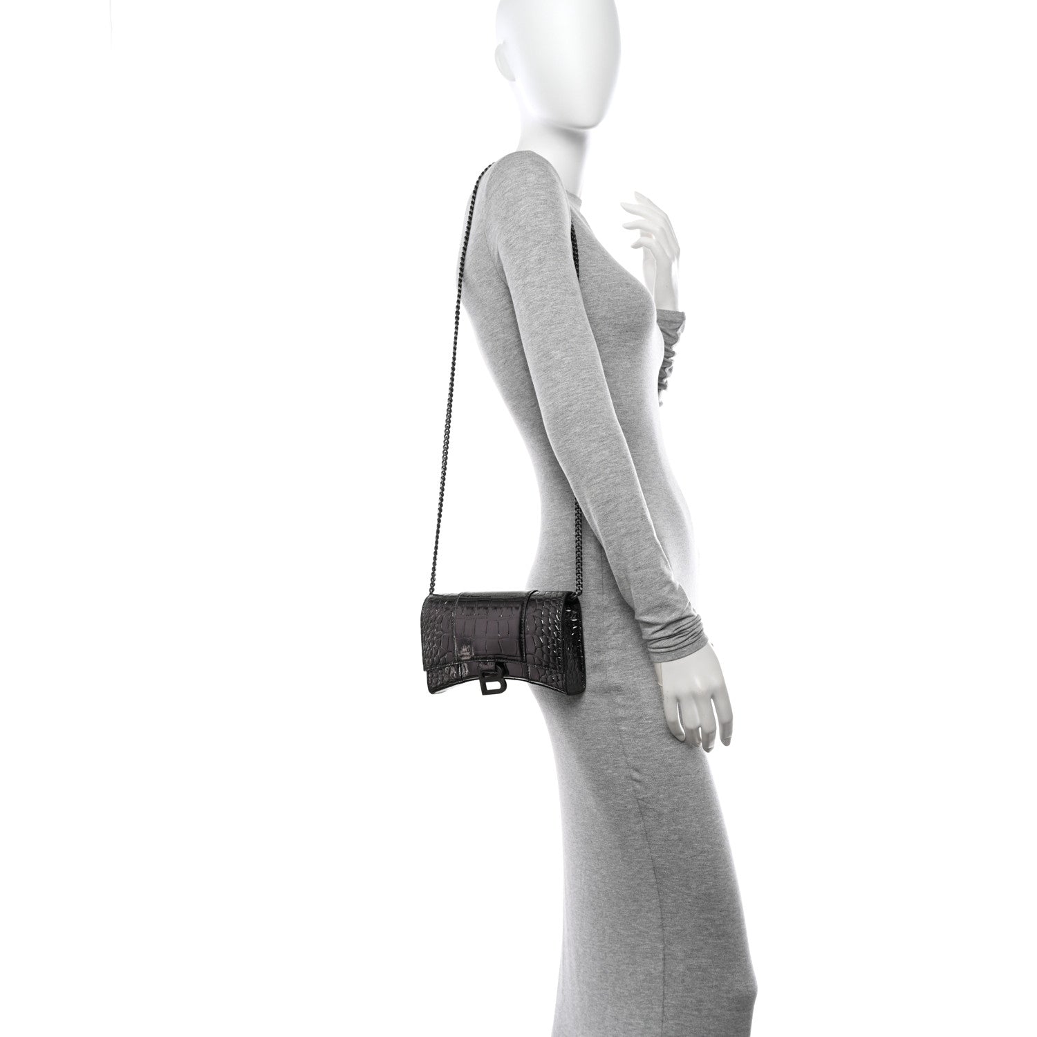 Balenciaga Shiny Metallic Calfskin Crocodile Embossed Hourglass Chain Bag Gunmetal 2 of 9