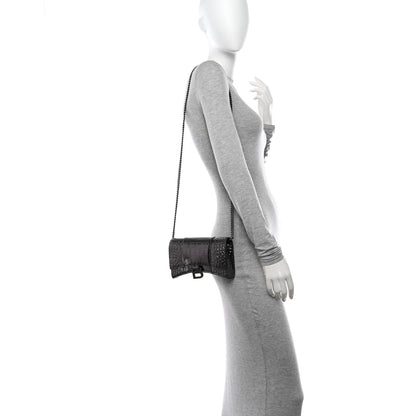 Balenciaga Shiny Metallic Calfskin Crocodile Embossed Hourglass Chain Bag Gunmetal 2 of 9