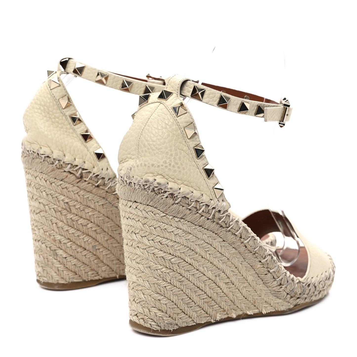 Grained Calfskin Rockstud Ankle Strap Espadrille Wedge Sandals 36 Light Ivory