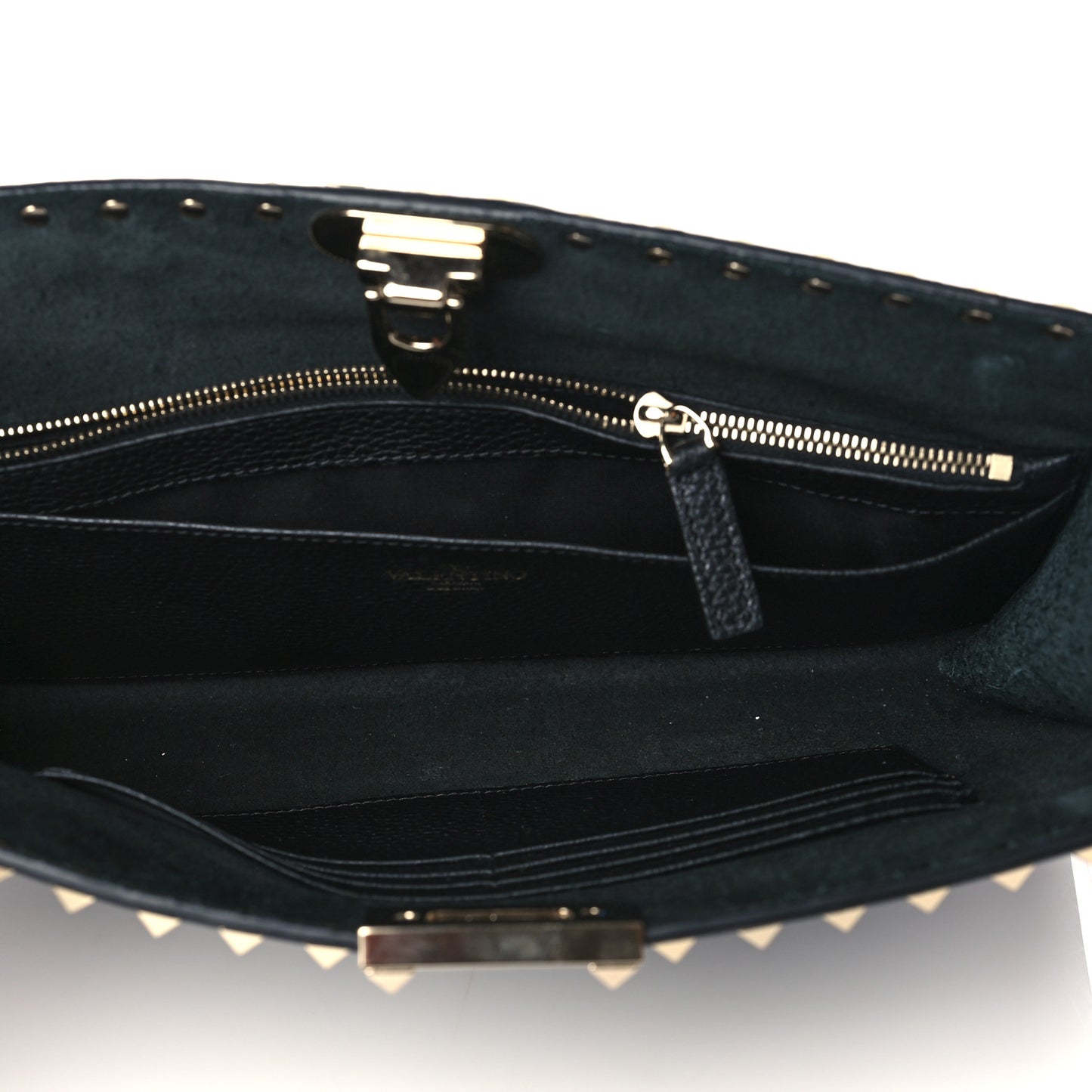 Pebbled Calfskin Rockstud Flip Lock Clutch Wallet Black