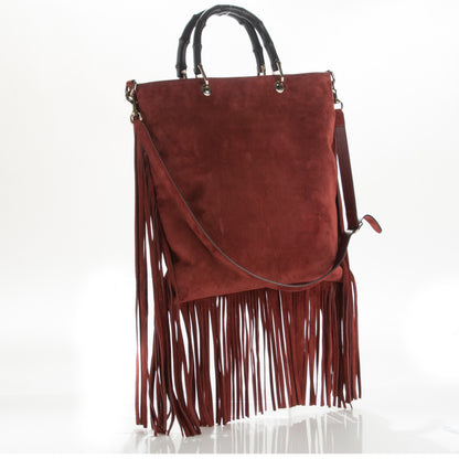 Gucci Suede Bamboo Fringe Small Shopper Tote Claret 9 of 14