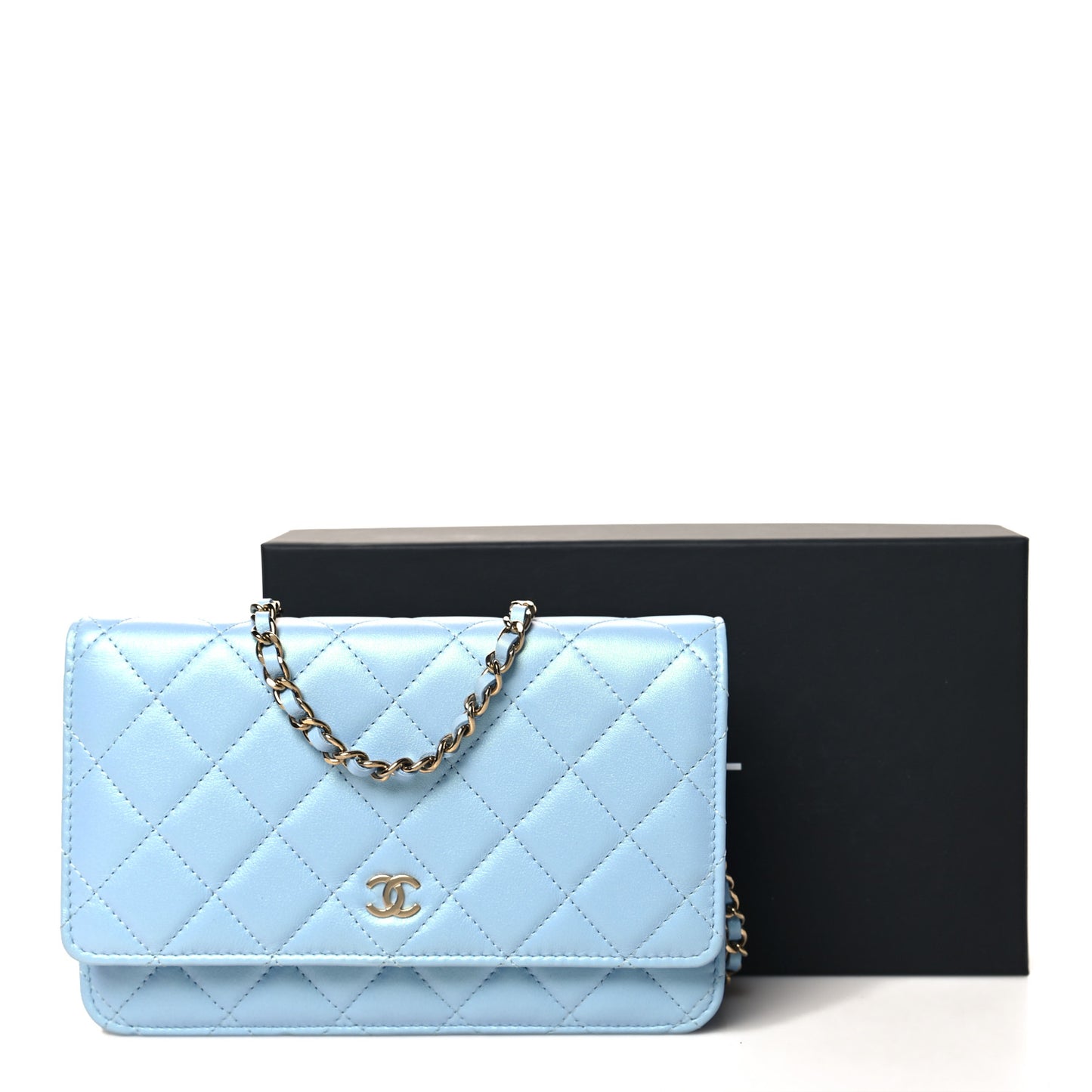 Lambskin Quilted Mini Wallet On Chain WOC Light Blue