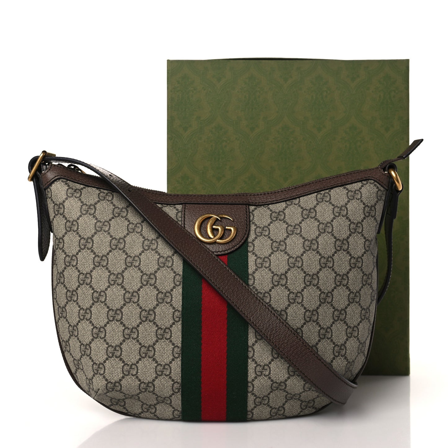 GG Supreme Monogram Web Small Ophidia Half Moon Hobo Brown