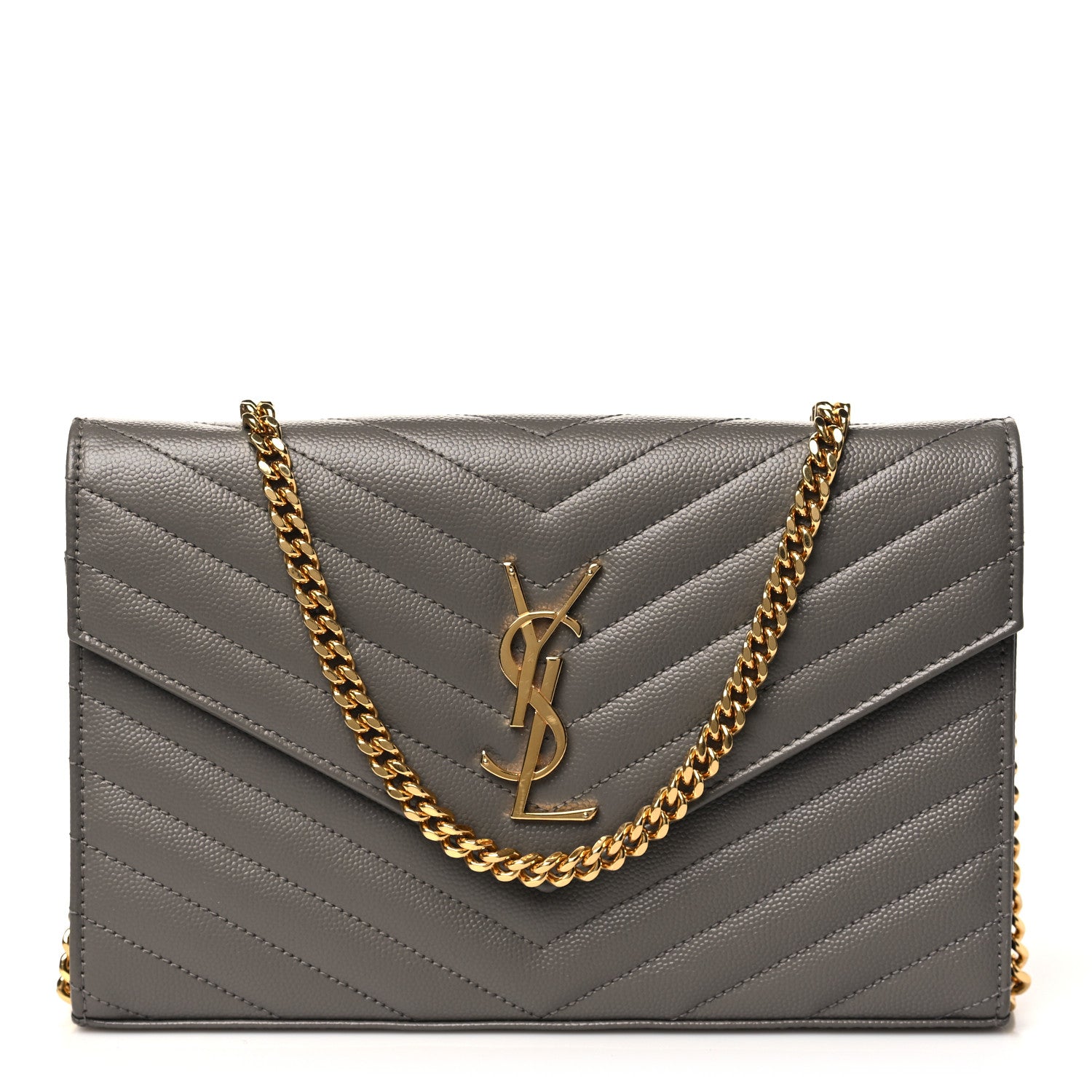 Saint Laurent Grain De Poudre Matelasse Chevron Monogram Chain Wallet Fog 1 of 12