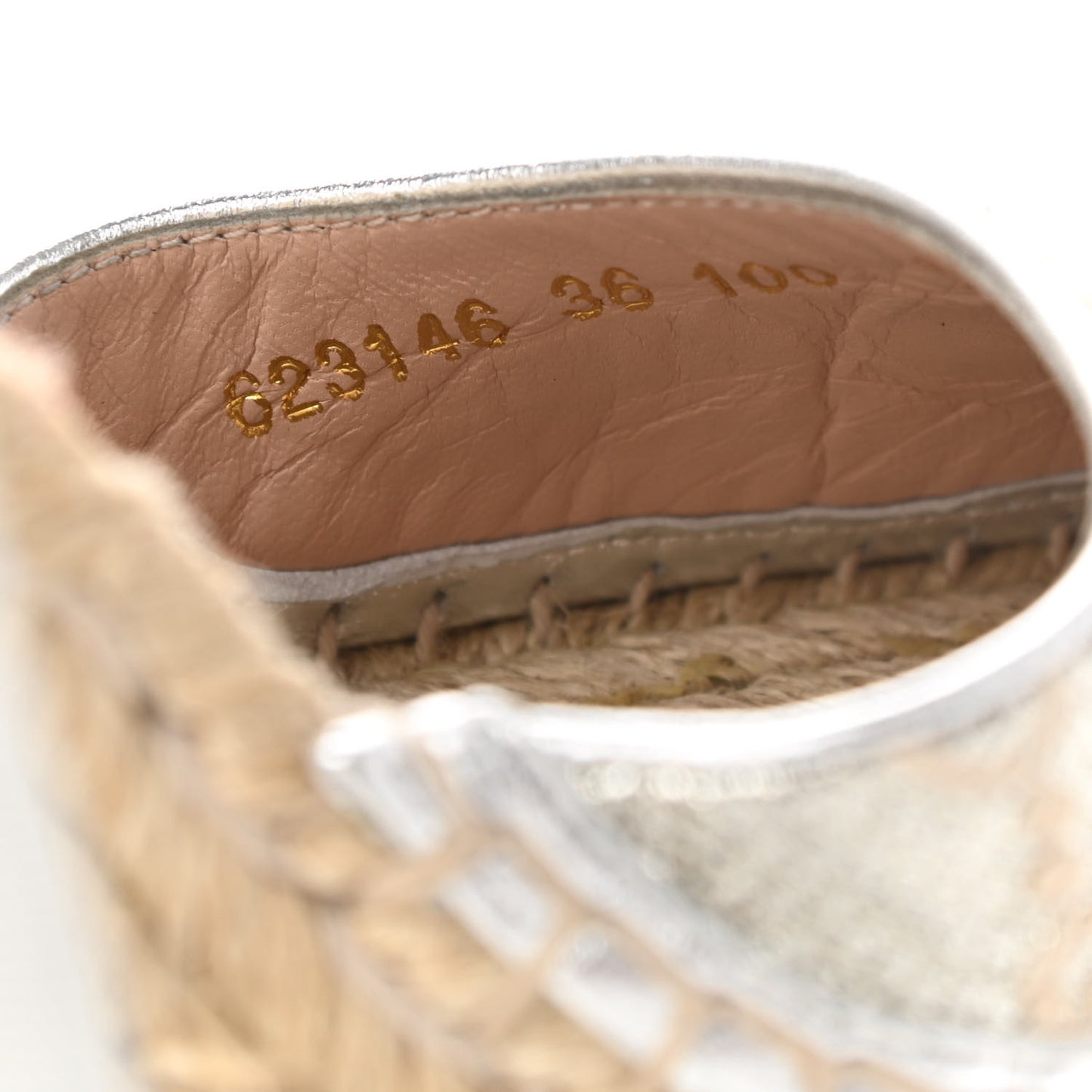 Lame GG Monogram Ankle Wrap Platform Espadrille Wedges 36 Silver Beige Light Grey