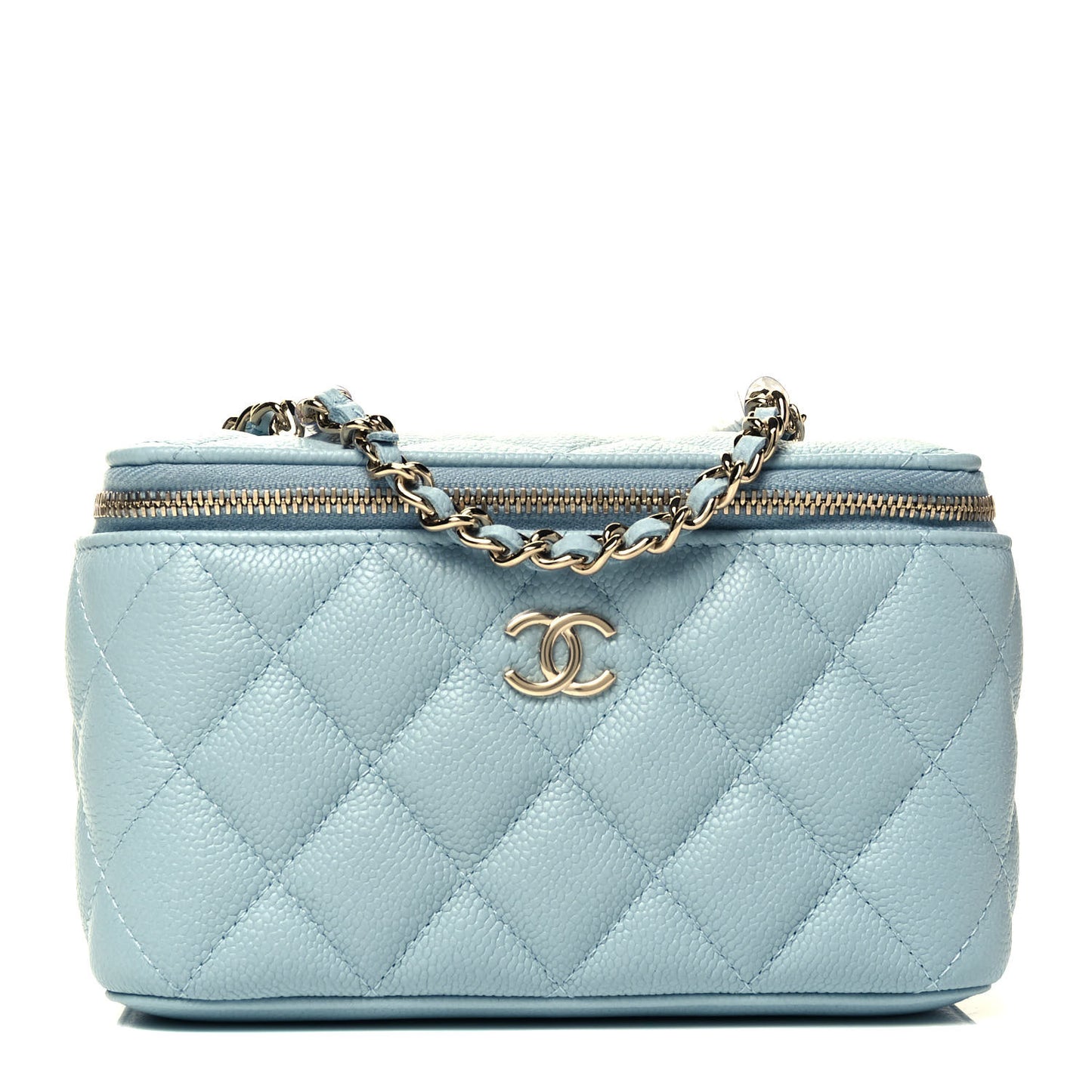 Caviar Quilted Small Tiny CC Vanity Case With Chain Light Blue