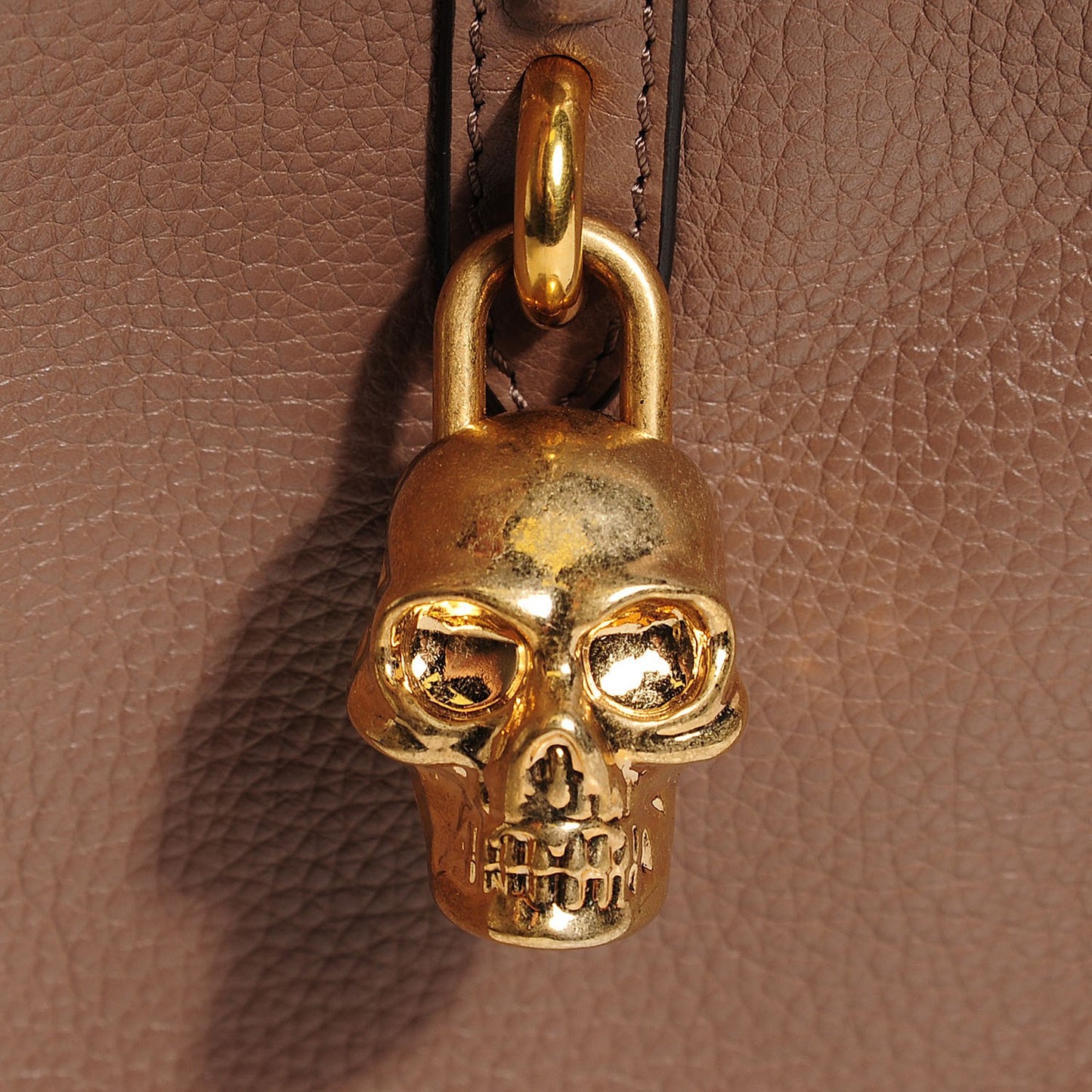 Pebbled Calfskin Small Skull Padlock Zip Around Tote Taupe
