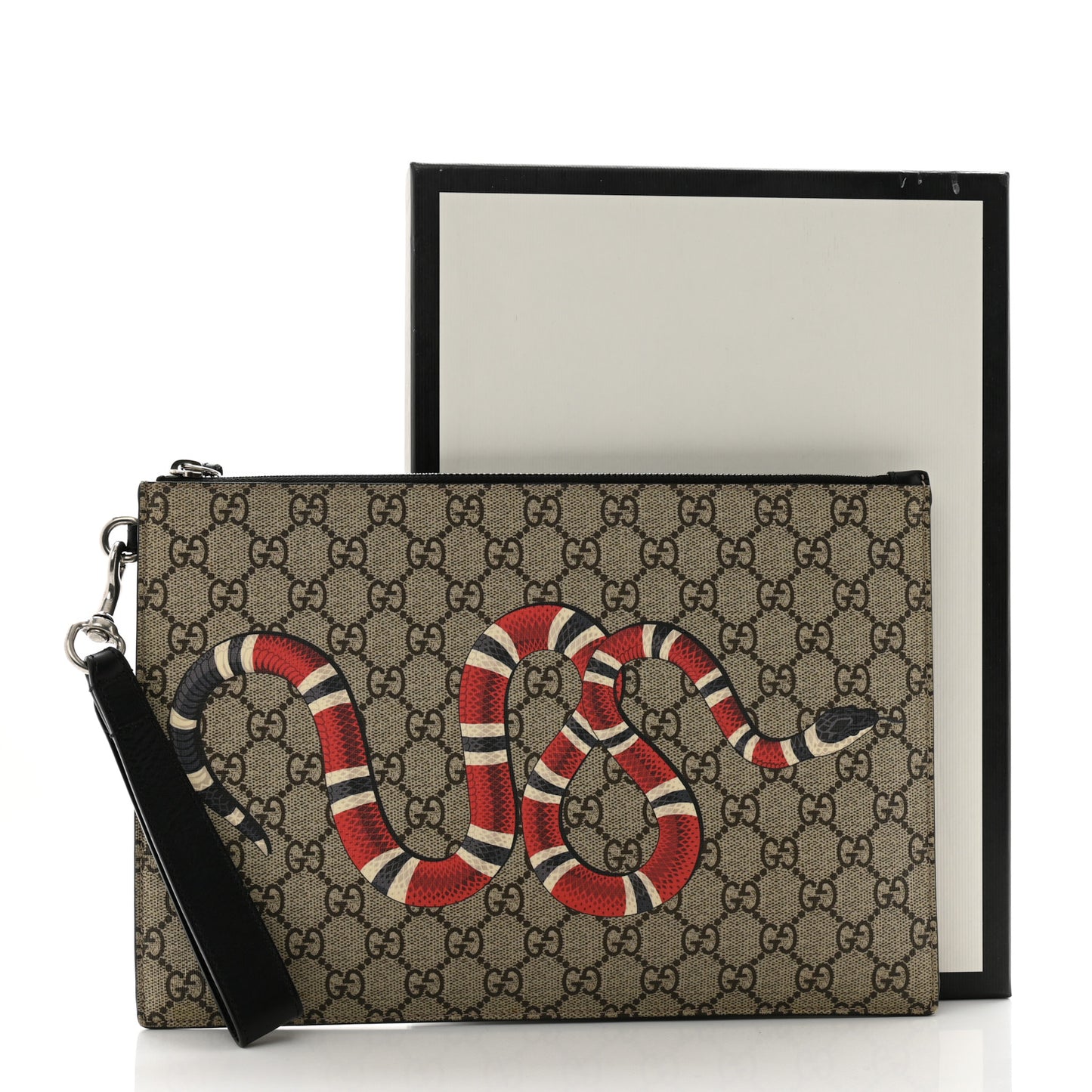 GG Supreme Monogram Kingsnake Zip Wristlet Pouch Beige Black