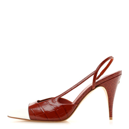 Chanel Calfskin Crocodile Embossed Patent Cap Toe Slingback Pumps 40 Dark Red White 1 of 10