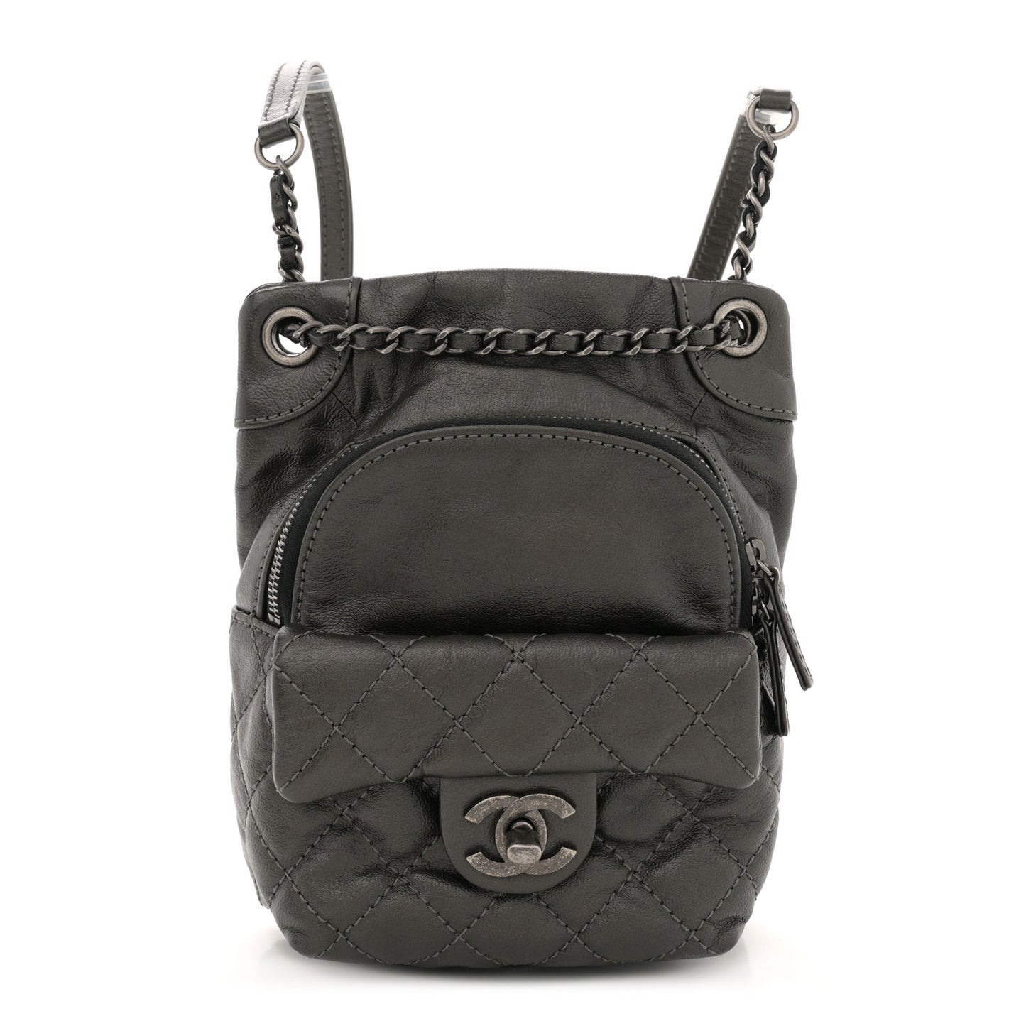 Metallic Lambskin Quilted Drawstring Backpack Dark Grey