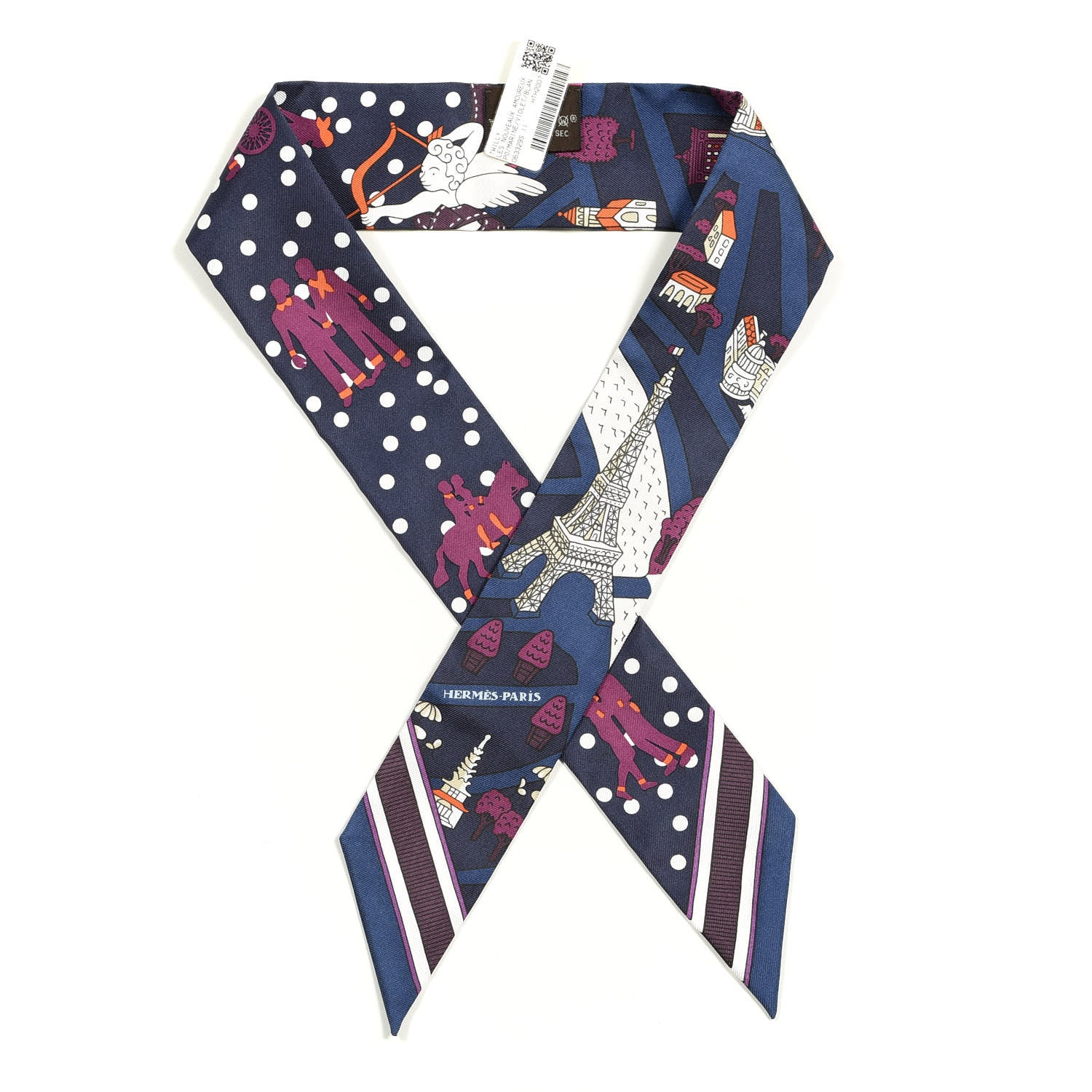 Hermes Silk Les Nouveaux Amoureux de Paris Twilly Marine Violet White 1 of 5