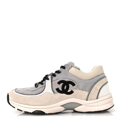 Chanel Mesh Suede Calfskin Grained Calfskin Womens CC Sneakers 37 Grey White 1 of 17