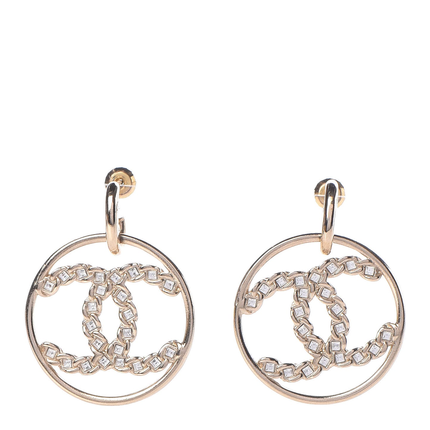 Crystal Chain Strass CC Drop Earrings Gold