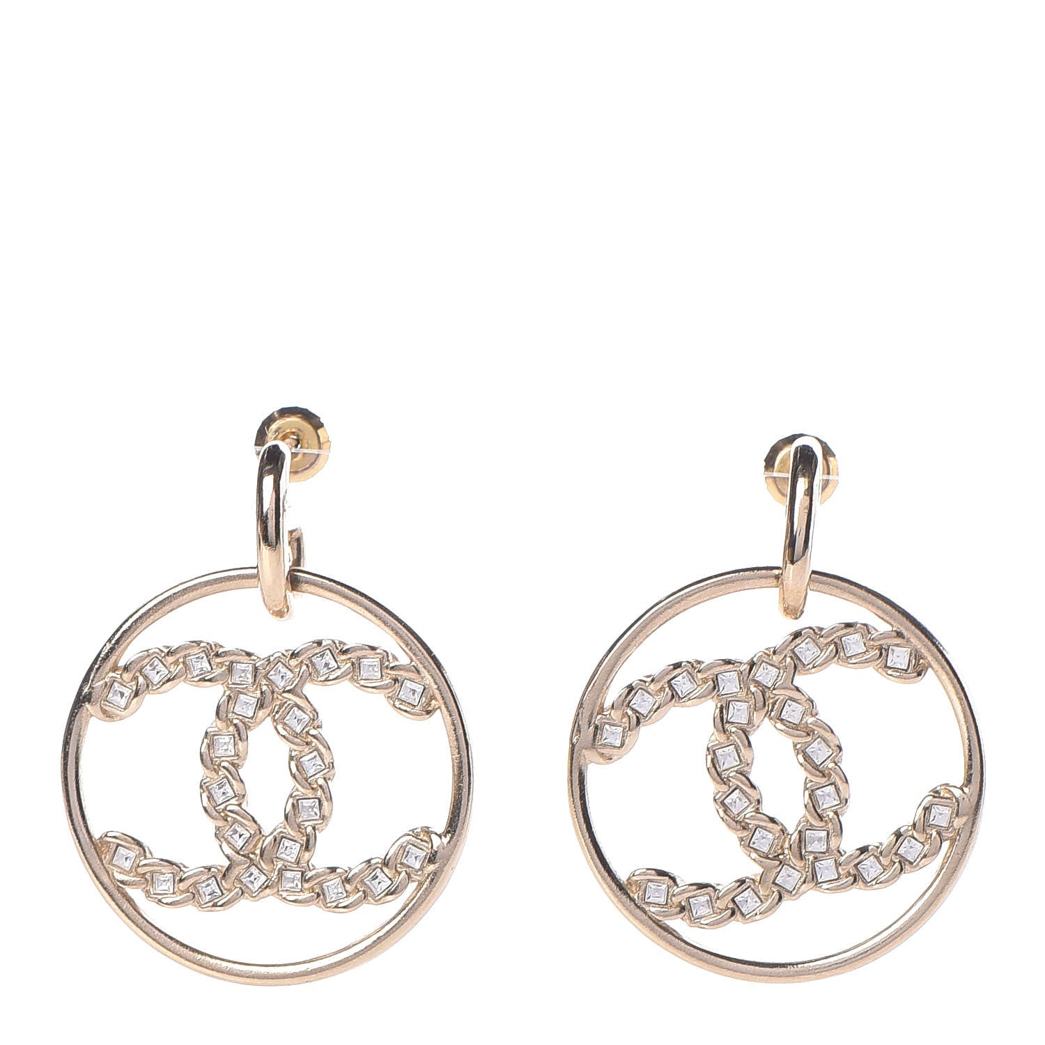 Chanel Crystal Chain Strass CC Drop Earrings Gold 1 of 4