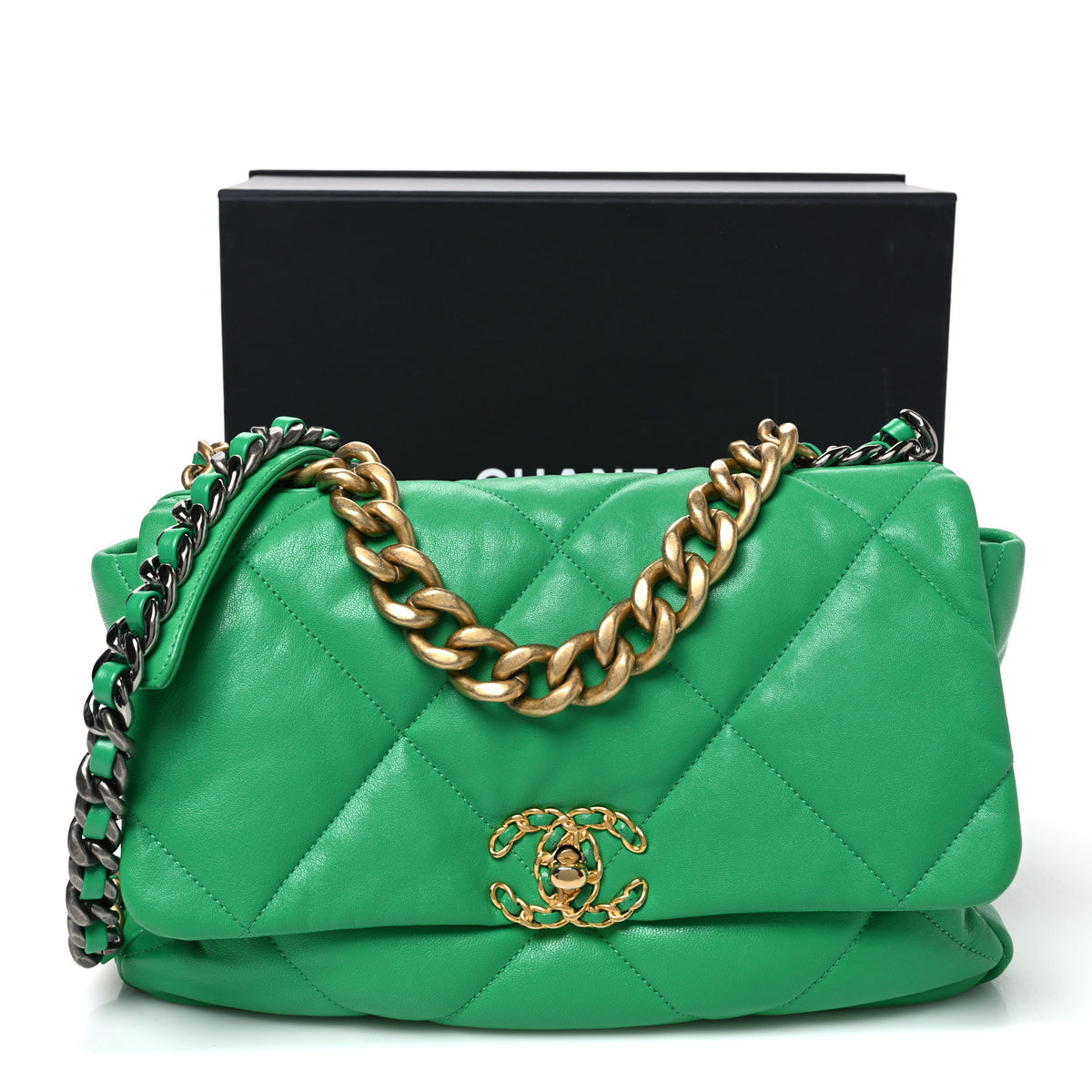 Goatskin Quilted Large Chanel 19 Flap Green