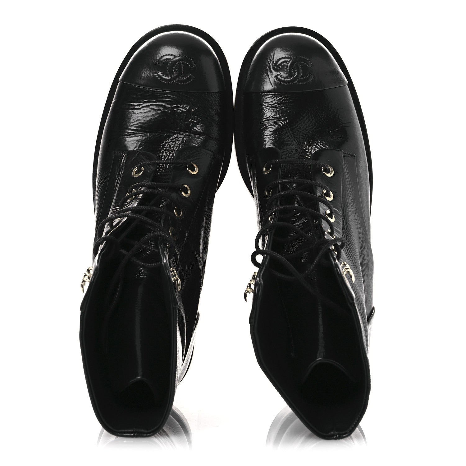 Chanel Shiny Goatskin Cap Toe Combat Boots 39.5 Black 2 of 11