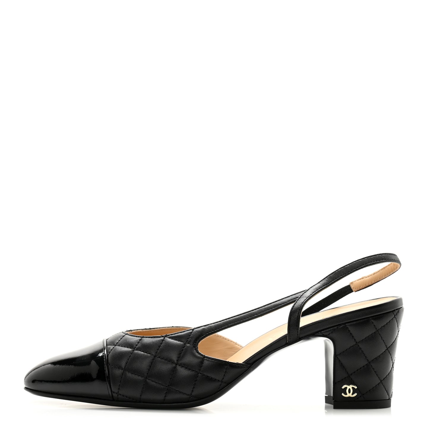 Lambskin Patent Calfskin Quilted Cap Toe CC Slingback Pumps 40.5 Black