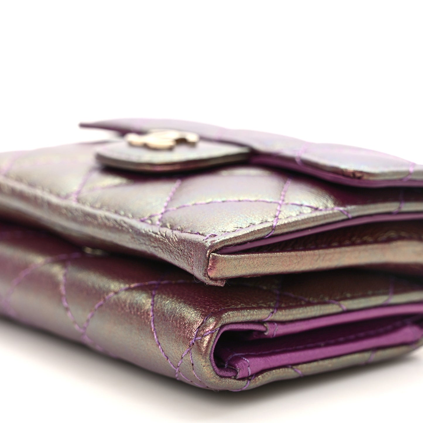 Iridescent Lambskin Quilted Double Flap Wallet Purple