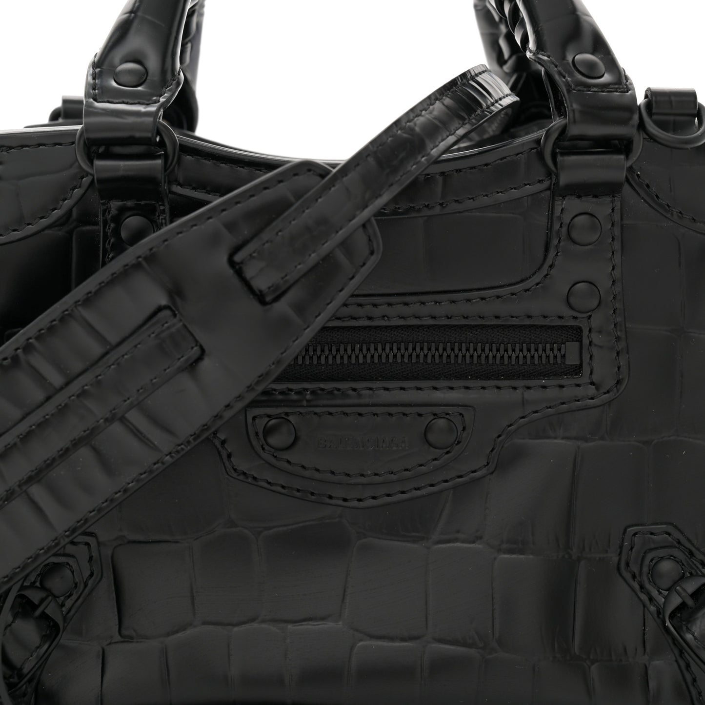 Semi Shiny Calfskin Crocodile Embossed Neo Classic Black Hardware Mini City Black