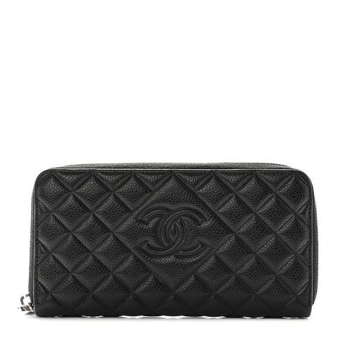 Caviar Quilted Diamond CC Gusset Zip Around Wallet Black