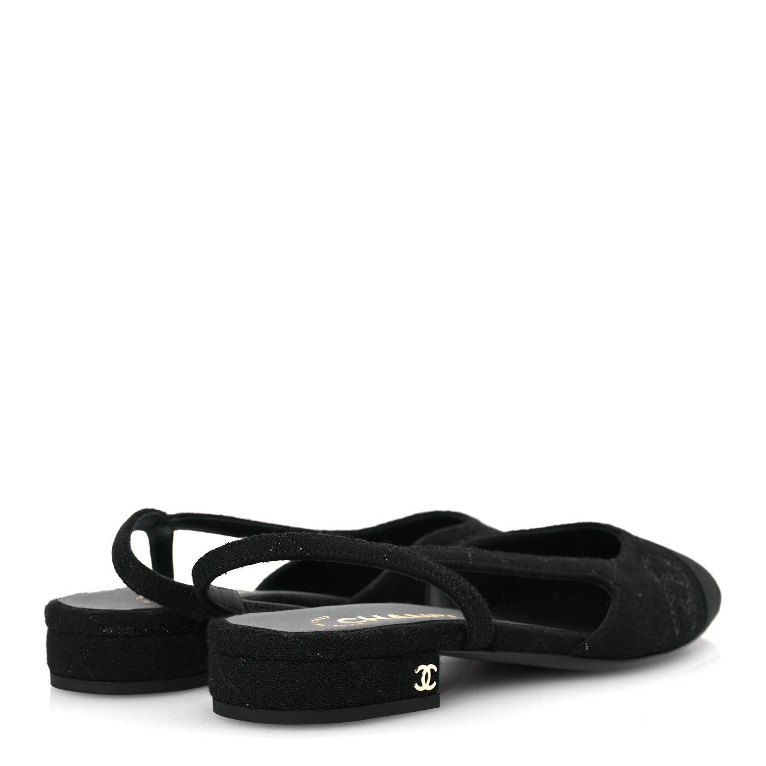Chanel Wool Grosgrain Cap Toe CC Logo Slingback Flats 37.5 Black 5 of 13