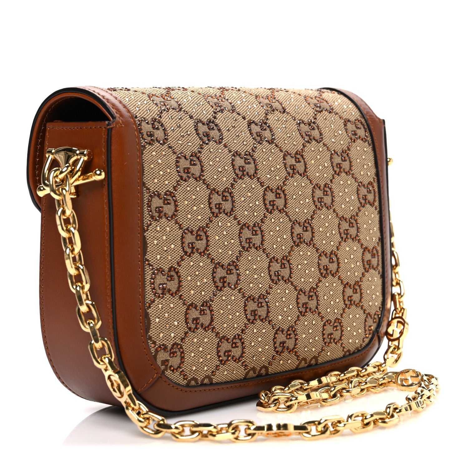 Gucci New Canvas Charisma Calfskin Crystal GG Monogram Mini Horsebit 1955 Shoulder Bag Camel Ebony 3 of 11
