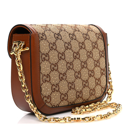 Gucci New Canvas Charisma Calfskin Crystal GG Monogram Mini Horsebit 1955 Shoulder Bag Camel Ebony 3 of 11