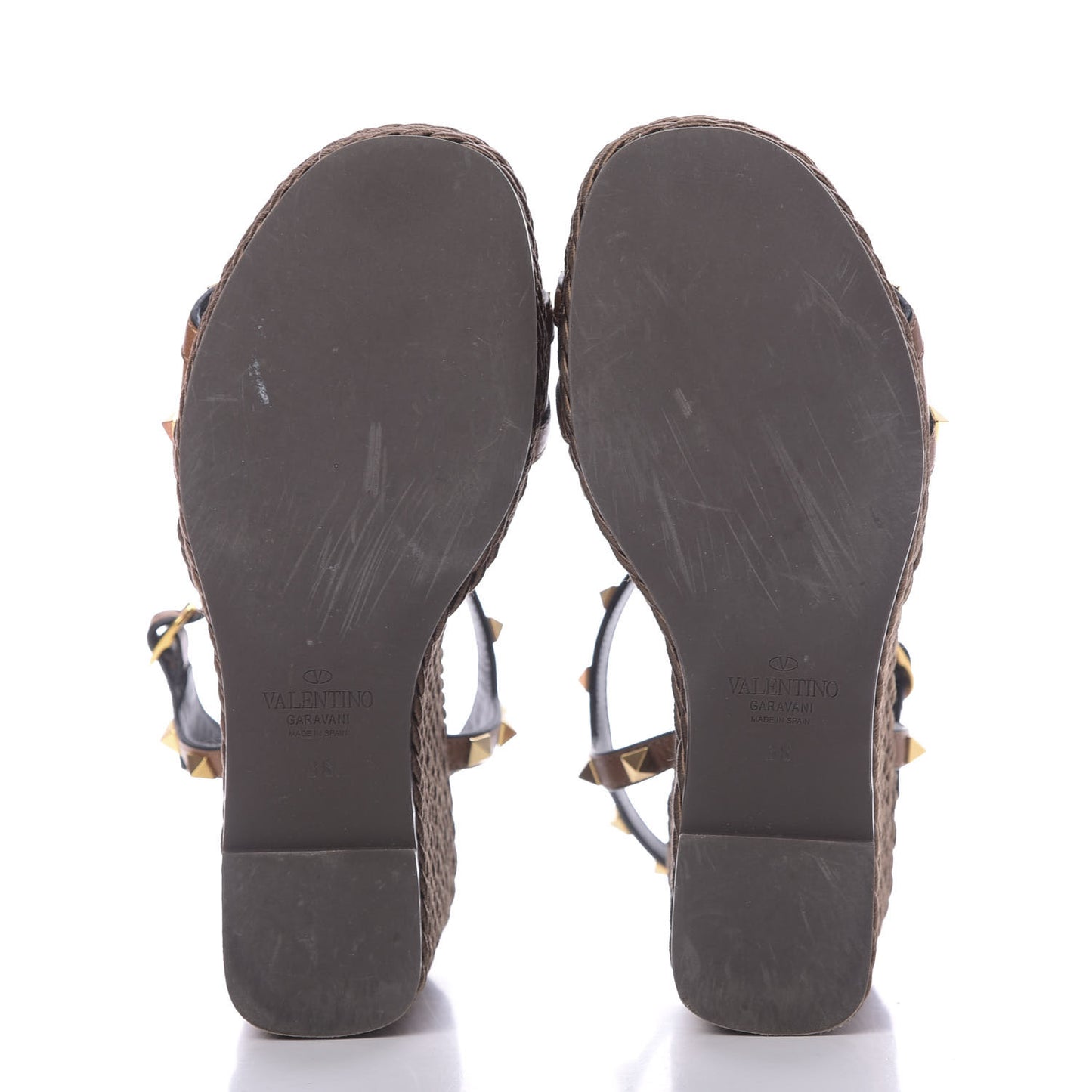 Calfskin Rockstud Torchon Espadrille 25/115mm Wedge Sandals 38 Cuoio