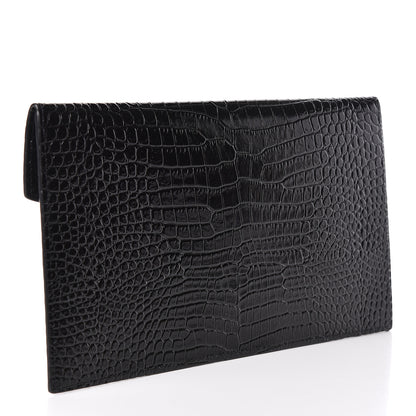 Saint Laurent Calfskin Crocodile Embossed Uptown Monogram Clutch Black 3 of 8