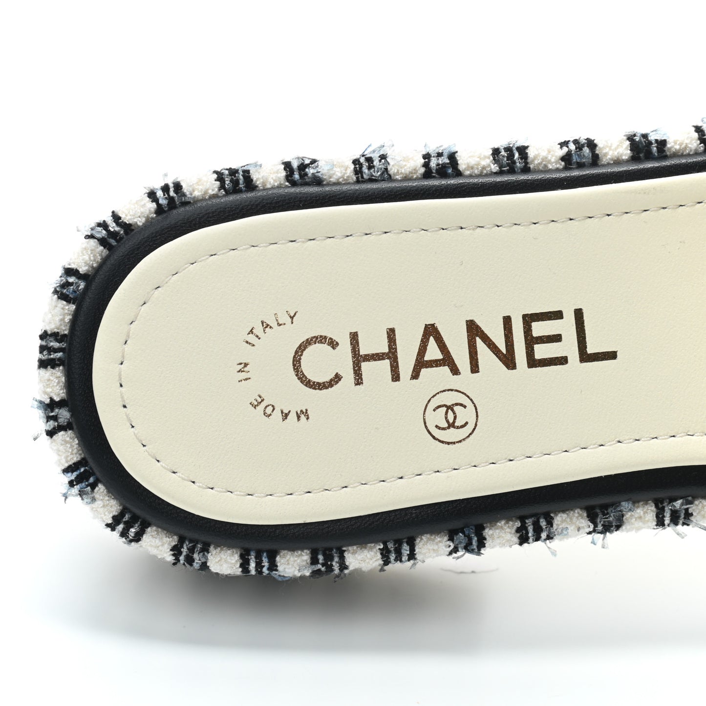 Tweed Embroidered CC Mule Sandal 38.5 Navy White