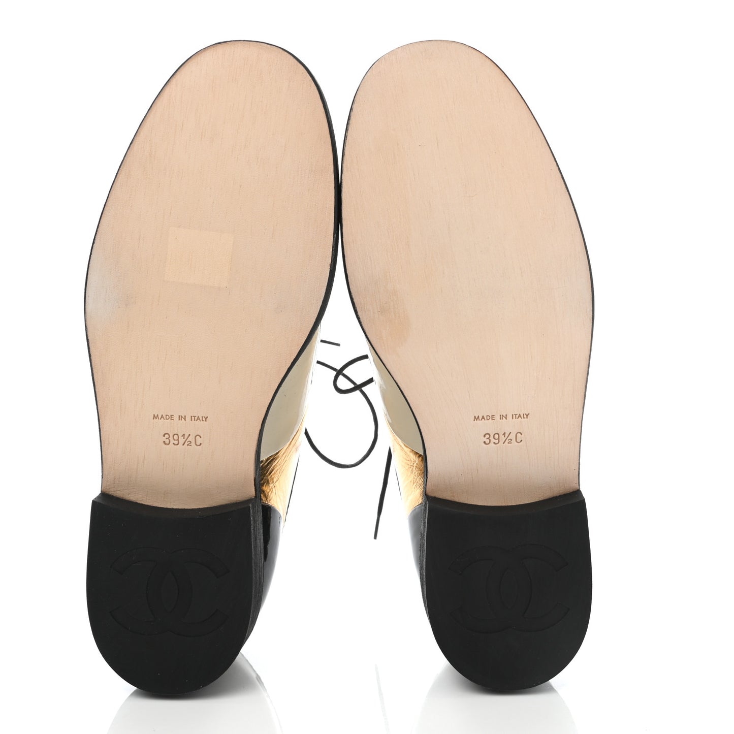 Crumpled Lambskin Patent CC Lace Up Oxfords 39.5 White Gold Black