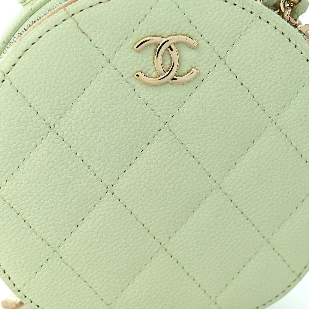 Caviar Quilted Round Handle With Care Vanity With Chain Light Green
