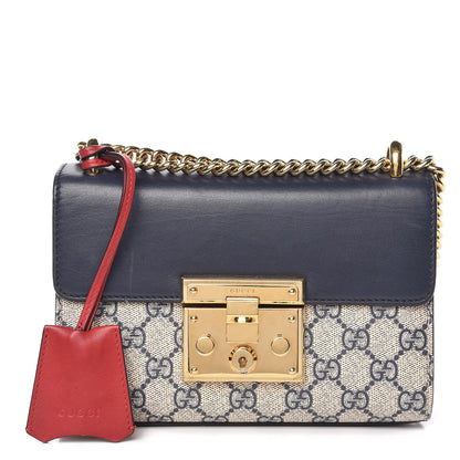 Gucci GG Supreme Monogram Moon Calfskin Small Padlock Shoulder Bag Beige Blue Mystic White Hibiscus Red 1 of 14