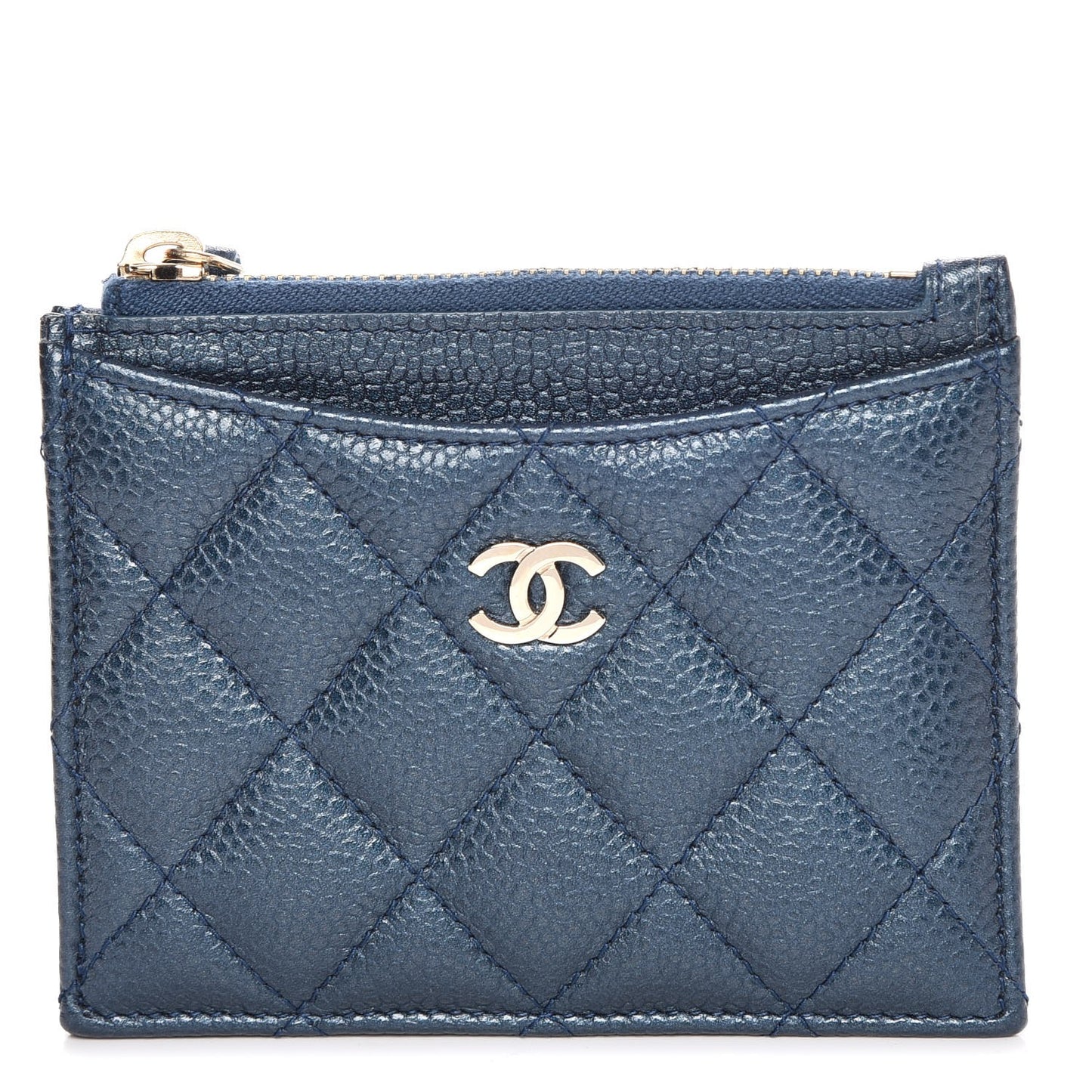 Metallic Caviar Quilted CC Zip Card Holder Dark Blue