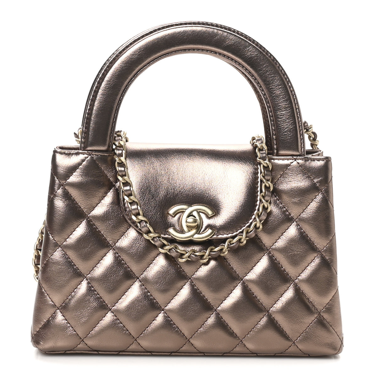 Metallic Aged Calfskin Quilted Nano Kelly Shopper Light Brown