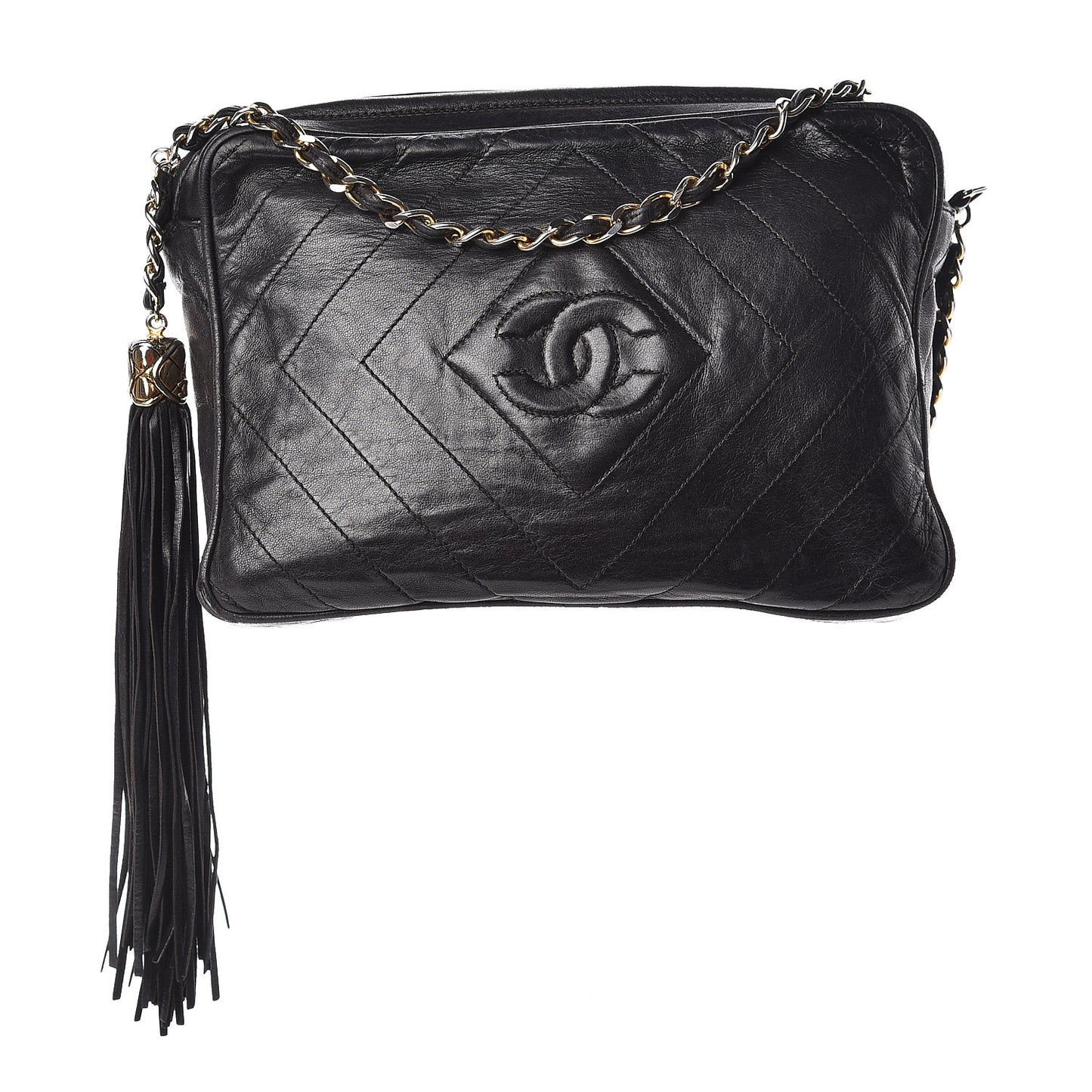 Lambskin Chevron Quilted Tassel Camera Case Black