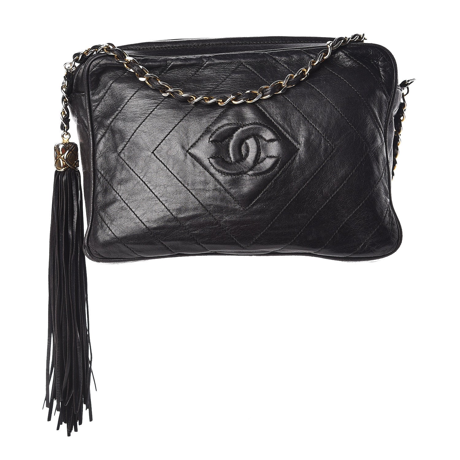 Chanel Lambskin Chevron Quilted Tassel Camera Case Black 1 of 17
