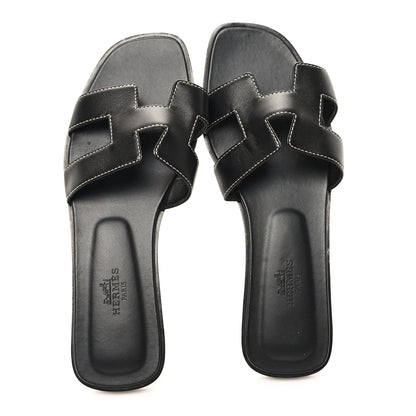 Hermes Box Calfskin Oran Sandals 36.5 Black 2 of 10