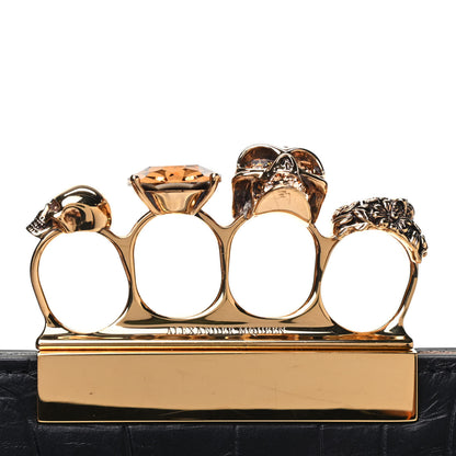 Alexander McQueen Calfskin Crocodile Embossed Knuckle Flat Clutch Black Gold 9 of 9