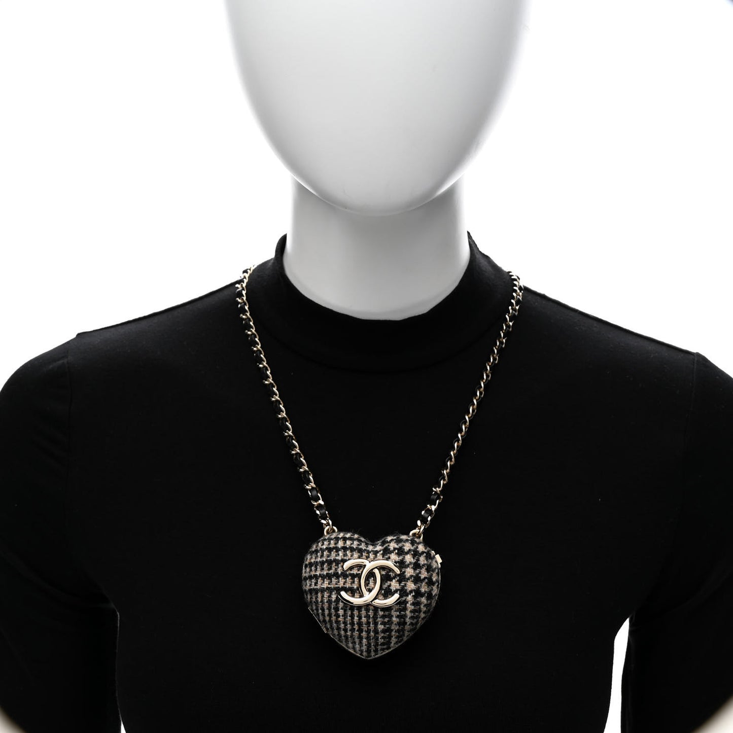 Tweed Lambskin CC Heart Locket Necklace Gold Black Beige