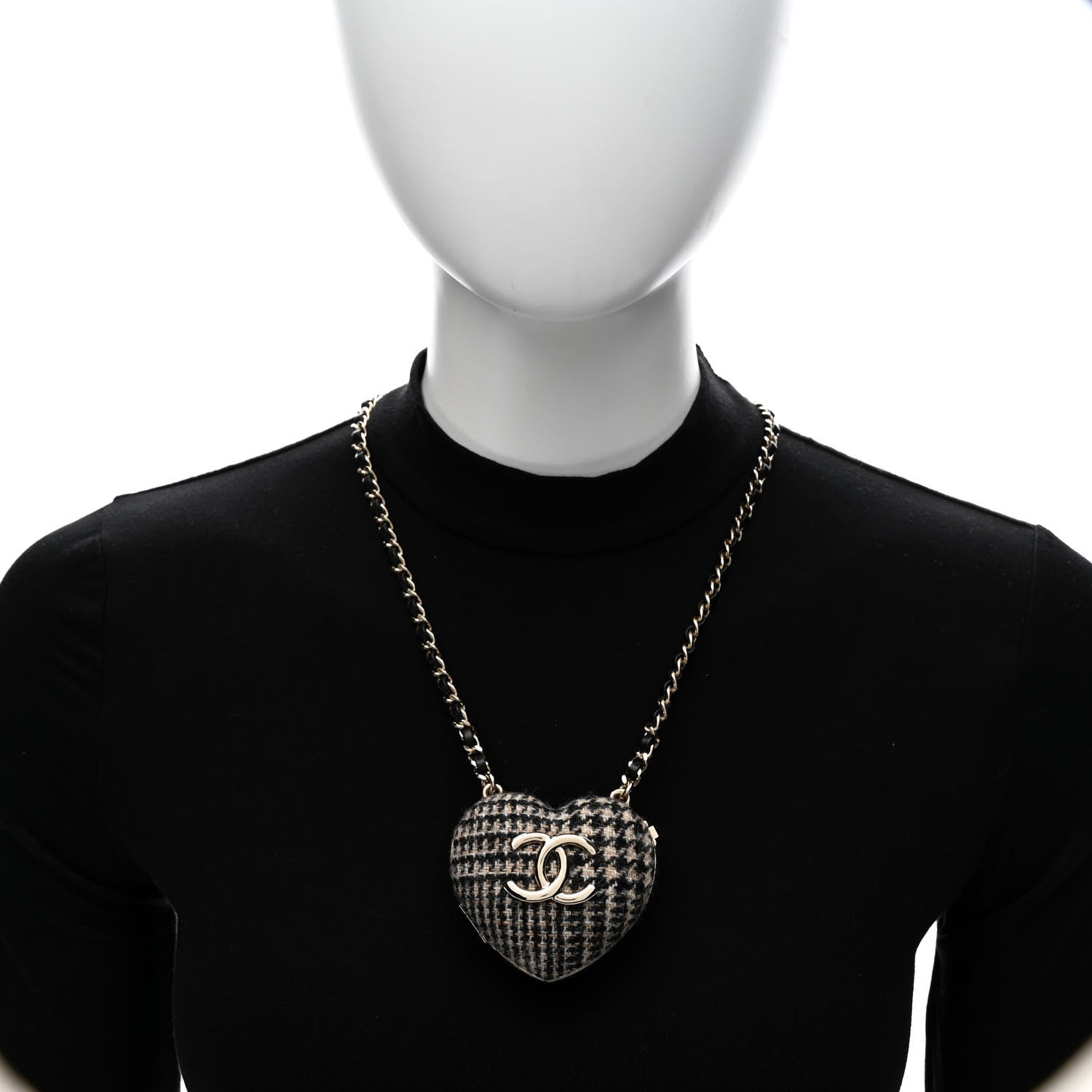 Chanel Tweed Lambskin CC Heart Locket Necklace Gold Black Beige 2 of 7